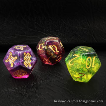 Bescon 3 Pieces Astrological Dice Set, Constellation Divination D12 Dice, 3 Colors Magical Stone Effect or Glowing in Dark